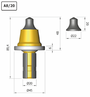 Резец дорожный А8/20 на фрезы WIRTGEN, BOMAG, Roadtec. 